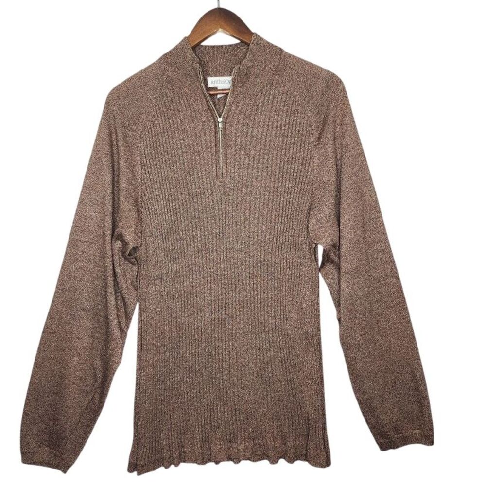 Anthology Womans Ribbed Quarter Zip Pullover Long‎ Sleeve XXL 100% Silk Brown